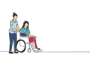 une seule ligne continue dessinant une patiente handicapée en fauteuil roulant et médecin. femme transportant une personne à pied à l'hôpital. service de médecine. réhabilitation. une ligne dessiner illustration vectorielle de conception vecteur