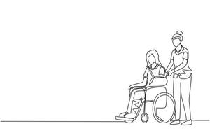 une seule ligne continue dessinant une patiente handicapée en fauteuil roulant et médecin. femme transportant une personne à pied à l'hôpital. service de médecine. réhabilitation. une ligne dessiner illustration vectorielle de conception vecteur