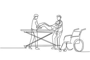 une seule ligne dessinant un patient inconscient dans la salle d'urgence. infirmière, vêtue d'une blouse blanche avec fauteuil roulant. garçons infirmiers, posant un jeune homme sur une civière. vecteur graphique de conception de dessin en ligne continue