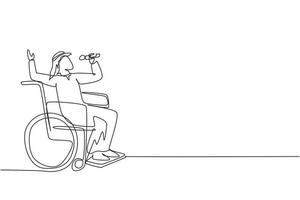 une seule ligne continue dessinant une personne handicapée profitant de la vie. homme arabe assis en fauteuil roulant chantant au karaoké. passer du temps dans un lieu de loisirs. une ligne dessiner illustration vectorielle de conception graphique vecteur