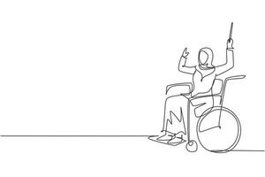 une ligne continue dessinant une jeune femme arabe chef d'orchestre assis dans un fauteuil roulant menant l'orchestre. handicap, musique classique. handicapé. illustration graphique vectorielle de conception de dessin à une seule ligne vecteur