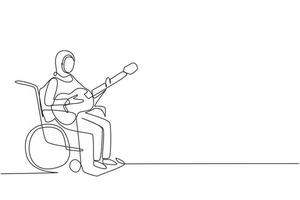 une seule ligne continue dessinant une jeune femme arabe assise en fauteuil roulant avec une guitare acoustique jouer de la musique, chanter une chanson. handicapé. patient du centre de rééducation. une ligne dessiner illustration vectorielle de conception vecteur