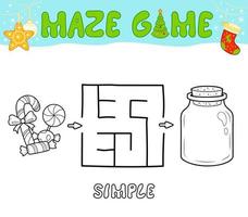 jeu de puzzle de labyrinthe de noël pour les enfants. labyrinthe de contour simple ou jeu de labyrinthe avec des bonbons de noël. vecteur