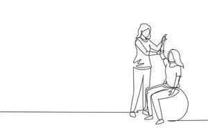 dessin continu d'une ligne composition isométrique de réadaptation en physiothérapie avec une jeune patiente assise sur le ballon et une femme médecin tenant sa main. illustration vectorielle de dessin à une seule ligne vecteur