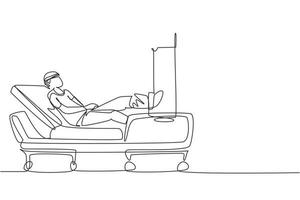 une seule ligne dessinant un patient masculin avec une jambe cassée allongée à l'hôpital. hospitalisation du patient. la personne malade est au lit. la jambe est bandée et fixée avec un plâtre. vecteur de conception de dessin en ligne continue