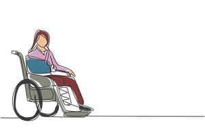 une ligne continue dessinant une femme avec une jambe en plâtre souffrant de douleur. femme assise en fauteuil roulant avec une jambe cassée. fille avec une jambe fracturée assise en fauteuil roulant. vecteur de conception de dessin à une seule ligne