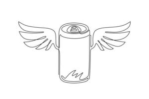 une ligne continue dessinant une canette de soda avec des ailes. concept de soda volant. nourriture dans un style linéaire de dessin animé doodle. pour flyer, autocollant, carte, logo, icône, impression, affiche. graphique vectoriel de conception de dessin à une seule ligne