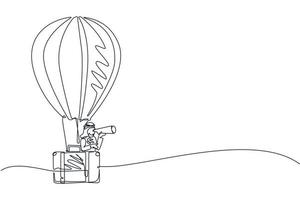 dessin au trait unique homme d'affaires arabe regardant à travers le télescope dans une mallette de ballon à air chaud. homme dans la recherche de ballon valise au succès. concept de voyage d'affaires. vecteur de conception de dessin en ligne continue