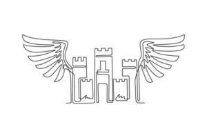 une seule ligne dessinant l'ancien emblème du château avec des ailes. logo décoratif blason héraldique isolé. logotype orné de style ancien sur fond blanc. vecteur graphique de conception de dessin en ligne continue