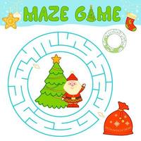 jeu de puzzle de labyrinthe de noël pour les enfants. labyrinthe circulaire ou jeu de labyrinthe avec sac de noël. vecteur