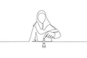 stratégie de dessin en ligne continue unique, concept de leadership et de gestion. jeune femme d'affaires arabe assise et déplaçant la figure d'échecs seule se sentant confiante. une ligne dessiner illustration vectorielle de conception vecteur