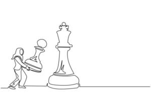 une ligne continue dessinant une femme d'affaires arabe tenant des échecs sur gage pour battre le roi des échecs. planification stratégique, stratégie de développement des affaires, tactiques en entrepreneuriat. vecteur de conception de dessin à une seule ligne