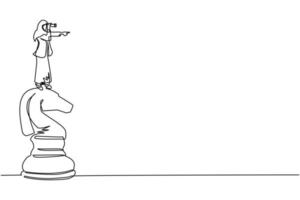 une seule ligne continue dessinant une femme d'affaires arabe au-dessus d'une grande pièce d'échecs à cheval à l'aide d'un télescope à la recherche de succès, d'opportunités, de tendances commerciales futures. une ligne dessiner illustration vectorielle de conception vecteur