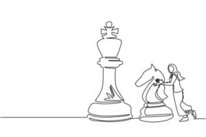 une seule ligne continue dessinant une femme d'affaires arabe poussant une énorme pièce d'échecs de chevalier. stratégie commerciale, plan marketing. mouvement stratégique dans le concept d'entreprise. une ligne dessiner illustration vectorielle de conception graphique vecteur