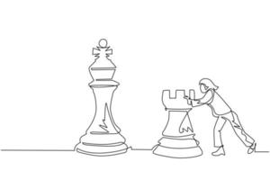 dessin au trait continu une femme d'affaires mignonne pousse une énorme pièce d'échecs de tour. stratégie commerciale et plan marketing. mouvement stratégique dans le concept d'entreprise. une ligne dessiner illustration vectorielle de conception graphique vecteur