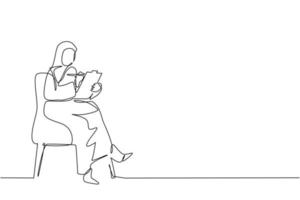 une seule ligne dessinant une femme d'affaires arabe avec presse-papiers. cadre féminin assis dans un fauteuil. femme prenant des notes. consultation de psychologie. illustration vectorielle graphique de conception de dessin en ligne continue vecteur