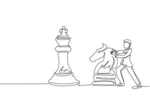 un homme d'affaires de dessin en ligne continue pousse une énorme pièce d'échecs de chevalier. stratégie commerciale et plan marketing. mouvement stratégique dans le concept d'entreprise. une ligne dessiner illustration vectorielle de conception graphique vecteur