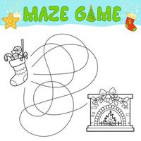 jeu de puzzle de labyrinthe de noël pour les enfants. contour labyrinthe ou labyrinthe. trouver un jeu de chemin avec une chaussette de noël et une cheminée. vecteur