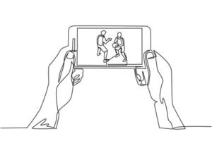 une ligne continue dessinant la ligue de basket-ball en direct sur téléphone mobile. mains d'homme tenant un smartphone, regardez n'importe quel match de basket en direct en ligne. illustration graphique vectorielle de conception de dessin à une seule ligne vecteur