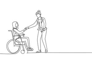 continu d'une ligne dessinant l'emploi des personnes handicapées, travail pour les personnes handicapées. désactiver la femme assise dans un fauteuil roulant, serrant la main avec un collègue au bureau. illustration graphique vectorielle de conception de dessin à une seule ligne vecteur