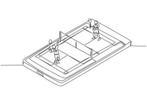 une seule ligne dessinant un terrain de badminton avec deux joueurs frappant le volant avec leurs raquettes sur l'écran du smartphone. compétition sportive professionnelle. application mobile. vecteur de conception de dessin en ligne continue