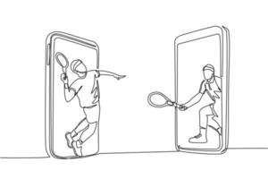 une seule ligne continue dessinant deux joueurs de tennis sort du téléphone portable prêt à jouer. deux hommes joueurs de tennis sur un court de tennis et un servant une balle de tennis isolée. vecteur de conception de dessin d'une ligne