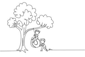 une seule ligne continue dessinant deux garçons heureux jouant à la balançoire sous l'arbre. enfants mignons se balançant sur un pneu suspendu à un arbre. enfants jouant dans le jardin. une ligne dessiner illustration vectorielle de conception graphique vecteur