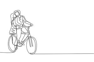 une seule ligne dessinant un jeune couple arabe aimant faire du vélo. relations humaines romantiques, histoire d'amour, famille de jeunes mariés en voyage de noces aventure, passion, émotions. graphique de conception de dessin en ligne continue vecteur