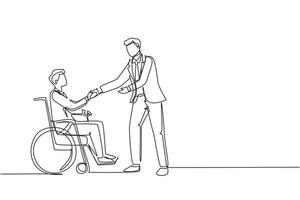 une seule ligne dessinant l'emploi des personnes handicapées, travail pour les personnes handicapées. désactiver l'homme assis en fauteuil roulant en serrant la main avec un collègue au bureau. illustration vectorielle graphique de conception de dessin en ligne continue vecteur