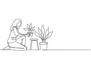 une seule ligne continue dessinant une jeune travailleuse agenouillée, des plantes en pot. plantes d'intérieur en pots en serre, jardin botanique, culture de fleurs, pépinière de plantes. une ligne dessiner illustration vectorielle de conception vecteur