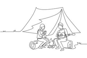 dessin en ligne continue unique homme femme se réchauffer près d'un feu de camp. fille buvant du thé et gars jouant de la guitare, assis sur des bûches. couple près d'un feu de joie, camping de rendez-vous romantique. vecteur de conception de dessin d'une ligne