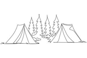 une ligne continue dessinant deux tentes camping expédition de montagne dans la pinède touristique. concept de voyage, d'aventure, de nature, d'expédition et de vacances. illustration graphique vectorielle de conception de dessin à une seule ligne vecteur