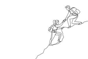 dessin continu d'une ligne groupe de personnes homme femme s'aidant mutuellement à gravir une montagne. entreprise, succès, leadership, réalisation et concept d'objectif. illustration vectorielle de dessin à une seule ligne vecteur