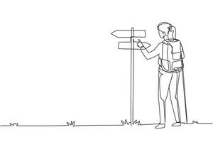 une seule ligne continue dessinant une randonneuse debout près d'un panneau de direction ou d'un pointeur. fille avec des sacs à dos à la recherche d'un emplacement. se perd dans la nature. une ligne dessiner illustration vectorielle de conception graphique vecteur