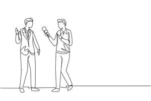 continu une ligne dessinant un journaliste masculin avec microphone faisant une interview avec un homme d'affaires. journaliste professionnel en conversation, demandant avis. illustration vectorielle de dessin à une seule ligne vecteur