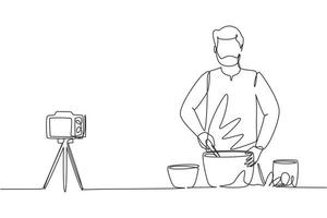 une seule ligne continue dessinant un blogueur de cuisine végétarienne, un homme arabe remue et fait cuire une salade de légumes. tutoriels de cours culinaires en ligne, vlog de préparation des aliments. une ligne dessiner illustration vectorielle de conception vecteur