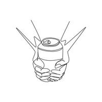 une seule ligne continue dessinant des mains tenant une canette métallique avec une boisson. boisson en canette en aluminium sans étiquette. boissons dans des récipients en métal. dynamique une ligne dessiner illustration vectorielle de conception graphique vecteur