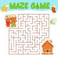 jeu de puzzle de labyrinthe de noël pour les enfants. labyrinthe ou jeu de labyrinthe avec bonhomme en pain d'épice de noël et maison en pain d'épice. vecteur