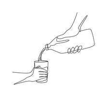 une ligne continue dessinant la main de la femme verse du lait frais de la bouteille en verre dans le verre. le concept de produits laitiers sains avec du calcium. routine matinale. illustration vectorielle de dessin à une seule ligne vecteur