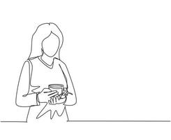 une ligne continue dessinant une femme en pull tenant une tasse de café, souriant et regardant la caméra tout en étant assis dans un café. détendez-vous et moi le temps. illustration graphique vectorielle de conception de dessin à une seule ligne vecteur