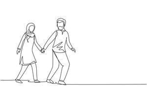 dessin continu d'une ligne un homme arabe heureux a tiré la main de la femme. couple romantique marchant sur des vacances romantiques de promenade de lune de miel. vacances d'été en couple. illustration graphique vectorielle de conception à une seule ligne vecteur