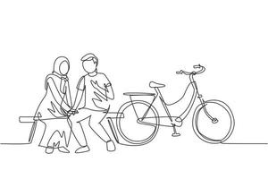 une ligne continue dessinant un couple arabe romantique bavardant assis sur un banc. couple d'adolescents romantique faire du vélo. jeune homme et femme amoureux. illustration graphique vectorielle de conception de dessin à une seule ligne vecteur