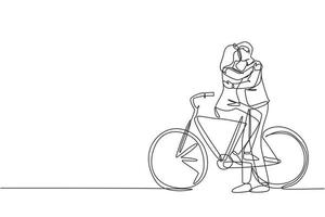 une ligne continue dessinant un jeune couple d'amoureux assis sur un vélo et s'embrassant à l'extérieur. relations humaines romantiques, histoire d'amour, famille de jeunes mariés dans une aventure de voyage de lune de miel. conception de dessin à une seule ligne vecteur