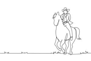 une seule ligne continue dessinant une silhouette de cow-boy à cheval au coucher du soleil. héros de l'ouest sauvage, mustang et personne en plein air, icône ou logo de cow-boy et de cheval. une ligne dessiner illustration vectorielle de conception graphique vecteur