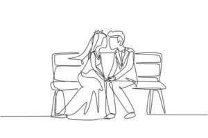 une seule ligne continue dessinant un homme et une femme heureux face à face assis sur un banc de parc et s'embrassant avec une robe de mariée. couple marié romantique datant du printemps. une ligne dessiner vecteur de conception graphique