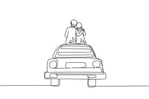 dessin d'une seule ligne vue arrière couple arabe aimant assis sur la voiture d'époque. couple heureux se prépare pour le mariage. fiançailles et relations amoureuses. vecteur graphique de conception de dessin en ligne continue