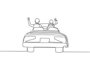 dessin en ligne continue unique vue arrière arabe heureux couple libre conduisant dans une voiture cabriolet en ville acclamant joyeux avec les bras levés. voyage de vacances d'été en couple. une ligne dessiner vecteur de conception graphique