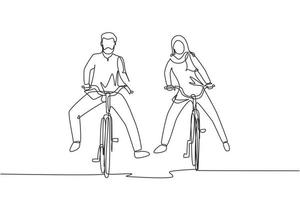 une ligne continue dessinant un drôle de jeune couple arabe à vélo. couple d'adolescents romantique faire du vélo. jeune homme et femme amoureux. heureux couple marié. graphique vectoriel de conception de dessin à une seule ligne