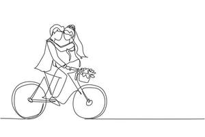 dessin continu d'une ligne heureux homme marié et femme faisant du vélo face à face le jour du mariage. un joli couple romantique fait du vélo ensemble. illustration graphique vectorielle de conception de dessin à une seule ligne vecteur