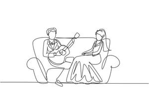 une seule ligne dessinant un couple marié amoureux. un homme en costume joue de la guitare à sa femme dans le salon sur un canapé. femme avec robe de mariée écouter et chanter. vecteur graphique de conception de ligne continue